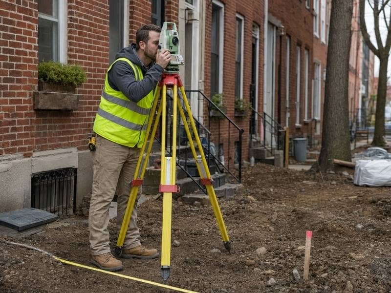 Local Surveyor using a total station beside a Philadelphia Pennsylvania rowhouse construction site