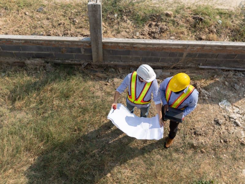 Construction professionals reviewing site plans during a construction survey for ongoing development work