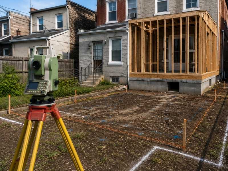 Boundary survey for a building addition in Philadelphia, Pennsylvania, showing a total station, marked property lines, survey stakes, and a residential addition under construction.